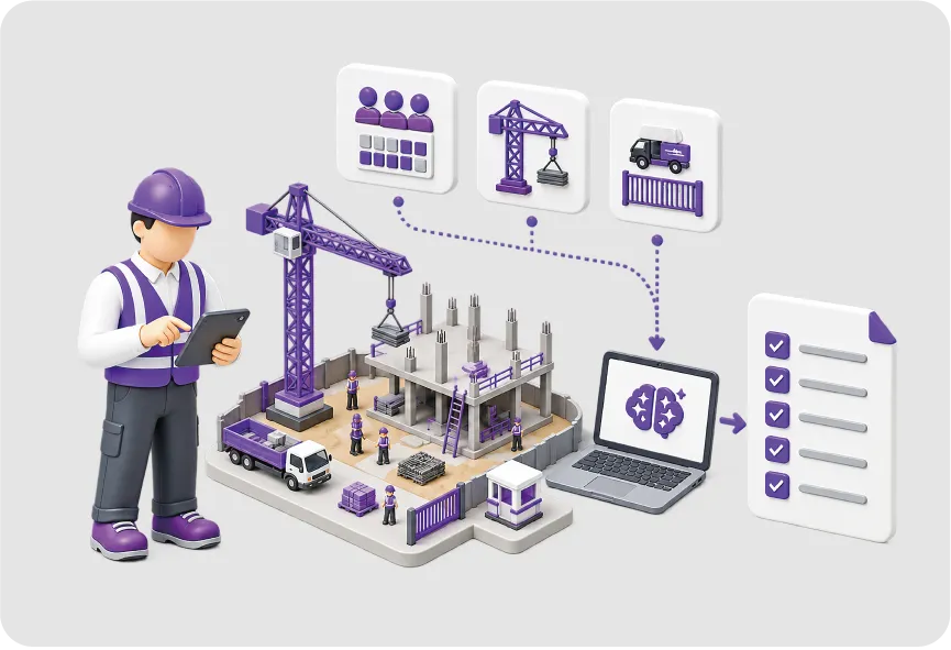 各社の作業予定・揚重機・搬入ゲートの情報をAIが集約し、KYシートを自動生成するイメージ
